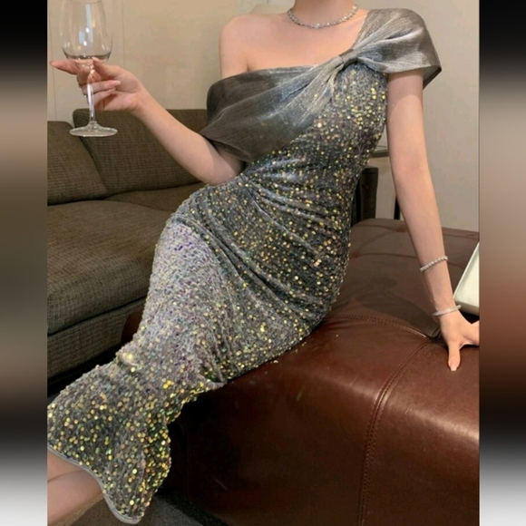 Sequin Bow Twist Accent Fitted Off Shoulder Party Dress For Women Prom Dres - Picture 4 of 4